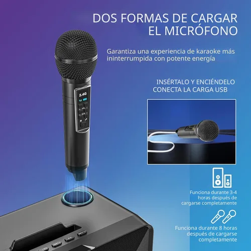 Miniatura 5 de Máquina de karaoke para adultos y niños con 2 micrófonos inalámbricos UHF, sistema de altavoces Bluetooth portátil PA con luces LED de fiesta