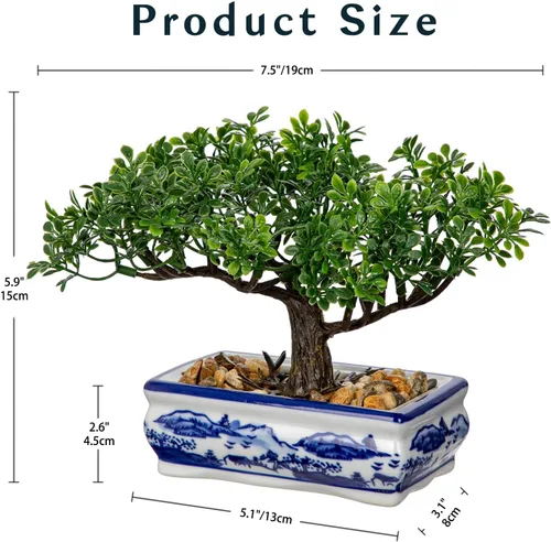 Miniatura 3 de Árbol bonsái artificial con maceta de porcelana azul y blanca, bonsái falso para decoración de escritorio de oficina en casa, decoración oriental