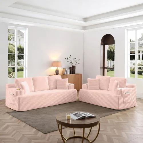 Miniatura 45 de Sofá sin hueso de 66.5 pulgadas con portavasos y bolsillos laterales, sofá biplaza tapizado de tela de pana moderna con 2 almohadas para sala