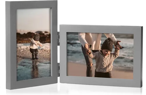 Miniatura 30 de Marco de fotos doble de 4 x 6 pulgadas con bisagras horizontales, marco de fotos plegable en madera de pino negro con vidrio real para mesa