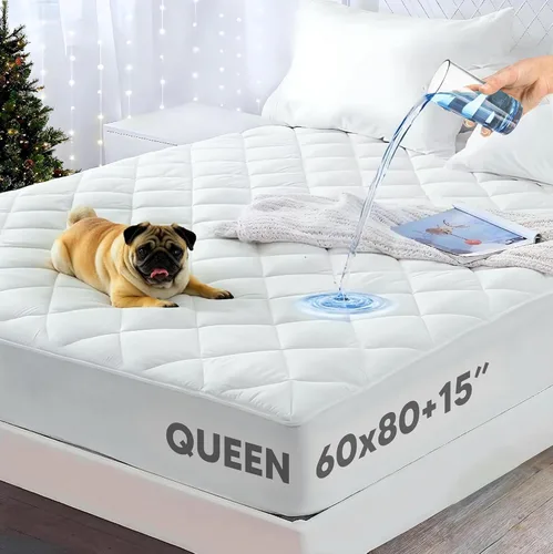 Protector de colchón impermeable tamaño Queen de alta calidad, acolchado, transpirable, de grado hotelero, con bolsillo profundo que se estira hasta