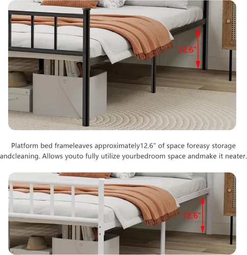 Miniatura 5 de Marco de cama de plataforma de metal individual con cabecero, soporte de listones de acero resistente, no necesita somier, fácil montaje, blanco