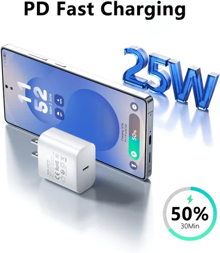 Miniatura 2 de Paquete de 3 cargadores tipo C con cable de 1.8 m de carga rápida para iPhone 17/16/15, bloques de carga USB C de 25 W súper rápidos para Samsung