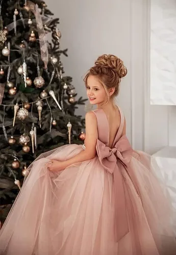 Miniatura 4 de Vestido de niña de flores para boda, espalda abierta, sin mangas, de tul de princesa, vestido de baile con nudo de lazo