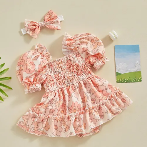Miniatura 38 de Mameluco para bebés y niñas de 3, 6, 9, 12, 18 meses, enterizo de manga corta, fruncido, faldas y dobladillo, diadema