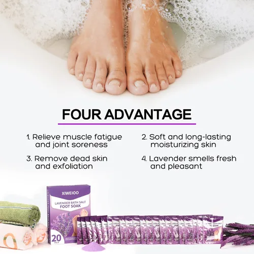 Miniatura 4 de Sales de remojo de pies con sal de Epsom para remojar lavanda kit de pedicura para baño de pies, paquete de 20 sales marinas de baño, pedicura