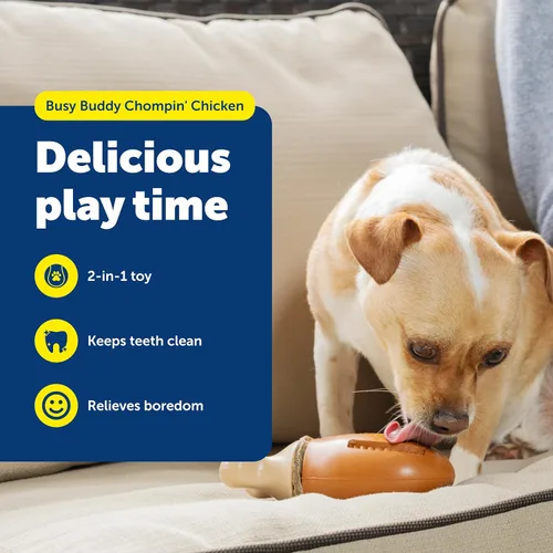 Miniatura 2 de PetSafe Busy Buddy Chompin' - Juguete de pollo para perros, reduce el aburrimiento, anillos de cuero crudo natural, goma sin BPA, apto