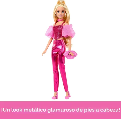 Miniatura 5 de Muñeca Barbie Deluxe Estilo #5 en atuendo rosa metálico, cabello rubio, corsé brillante y pantalones brillantes con accesorios como collar de rosas