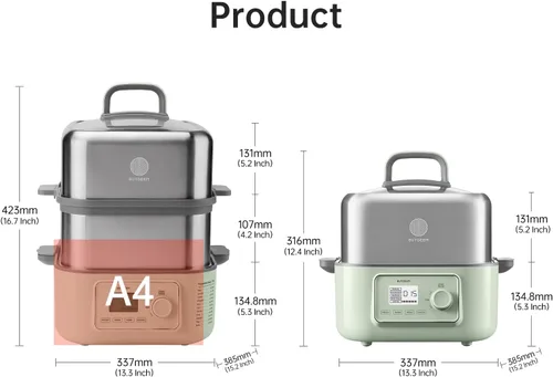Miniatura 7 de BUYDEEM G67US Vaporera Eléctrica de Alimentos para Cocinar, Vaporera de Acero Inoxidable de 1 Nivel con Modo Manual, 1500W, 7 Cuartos, Verde