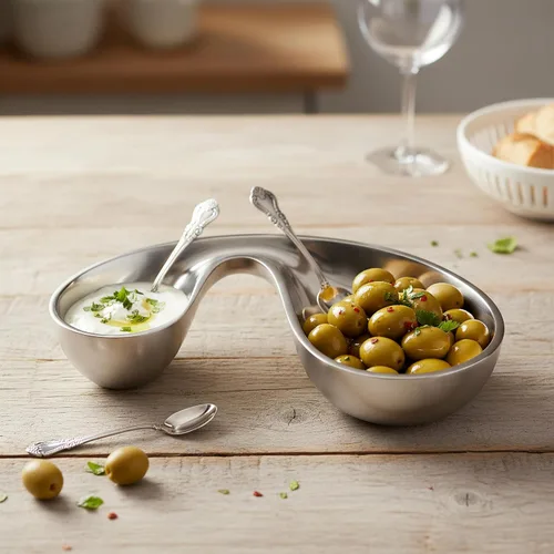 Miniatura 4 de nambe Morphik - Tazón de olivo que se puede calentar o enfriar, sirve salsa, aperitivos, aceitunas, guacamole y más Hecho de aleación de metal