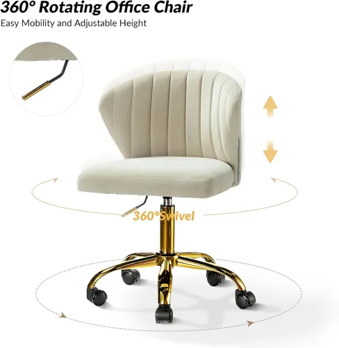 Miniatura 4 de HULALA HOME Silla de escritorio de oficina en casa con ruedas doradas, pequeña y linda silla de tocador con respaldo para dormitorio, asiento