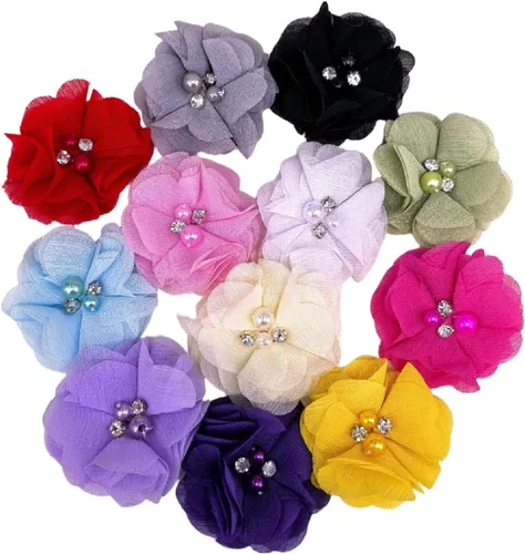 Miniatura 3 de Chenkou Craft Paquete de 12 lazos de cinta de flores de gasa con cuentas de 2-3/8 pulgadas (2.362 in), apliques de decoración de boda a granel