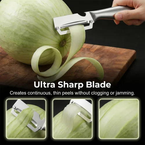 Miniatura 2 de Pelador de verduras multifuncional para cocina, pelador de verduras 2026 con mango de madera y abridor de botellas, herramienta de cocina de acero