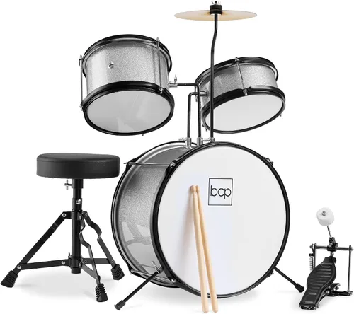 Miniatura 11 de Best Choice Products Juego de batería para principiantes de 3 piezas para niños y jóvenes, con taburete de trono, platillo, baquetas, pedal de Negro