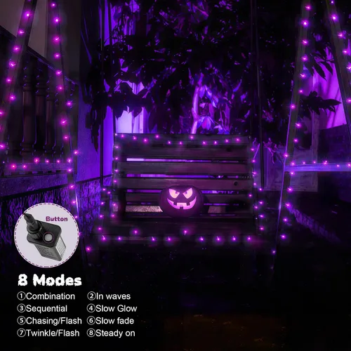 Miniatura 4 de WBao - Cadena de luces LED para Halloween de 300 luces, 108 pies, luces LED súper brillantes con certificación UL, 8 modos de iluminación