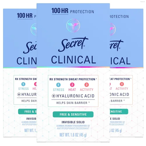 Secret Desodorante antitranspirante para mujeres, fuerza clínica invisible sólido, sensible sin perfume, 1,6 oz (paquete de 3) (el empaque puede