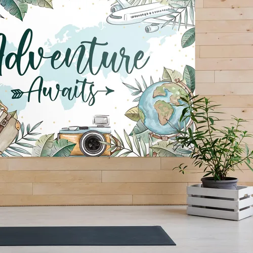 Miniatura 3 de Decoración de telón de fondo blanco con texto en inglés "Adventure Awaits", decoración de fiesta temática de viaje para baby shower, 3.9 x 5.9 pies