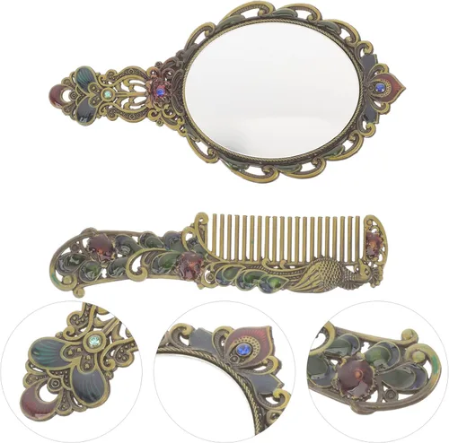 Miniatura 4 de Beaupretty Juego de peine de espejo antiguo, 1 juego de espejo de maquillaje de mano de metal vintage con un peine en relieve, pavo real a mano