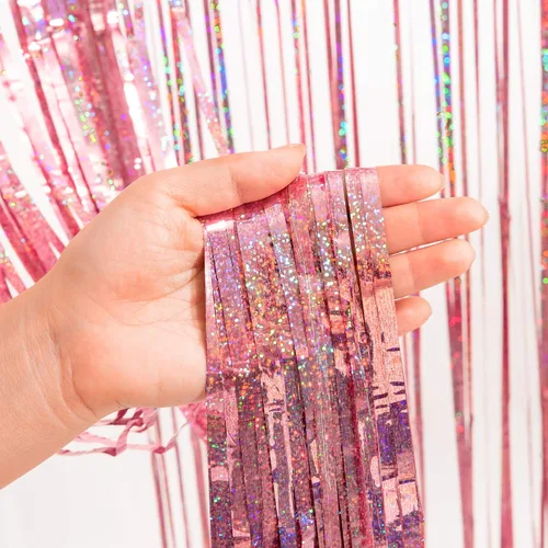 Miniatura 5 de Telón de fondo de fiesta de oropel dorado rosa con purpurina GREATRIL, cortina de flecos laminados para decoración de fiesta temática de cumpleaños