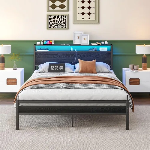 BOFENG Base de cama Queen con cabecera de almacenamiento, marco de cama de plataforma de metal tamaño Queen con luces LED, estación de carga, no