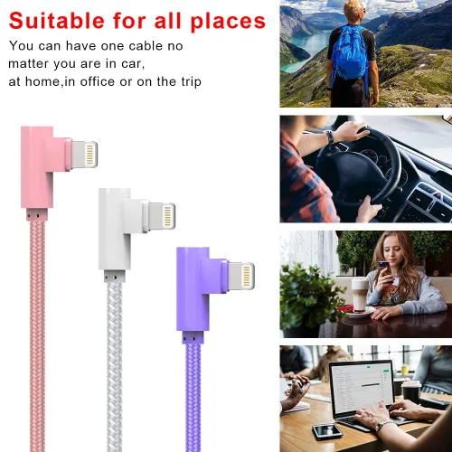Miniatura 9 de Cargador para iPhone, 3 unidades de 10 pies, cables USB A a Lightning de 90 grados, certificado MFi, cable de carga rápida trenzado de nailon