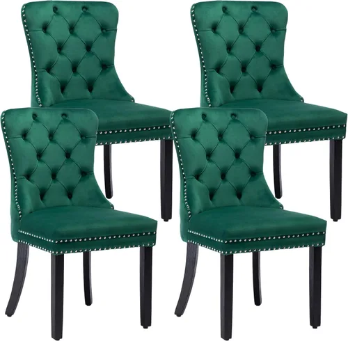 Miniatura 32 de KCC Nikki Collection - Juego de 4 sillas de comedor de terciopelo tapizadas de alta gama con anillo trasero de clavo, patas de madera maciza