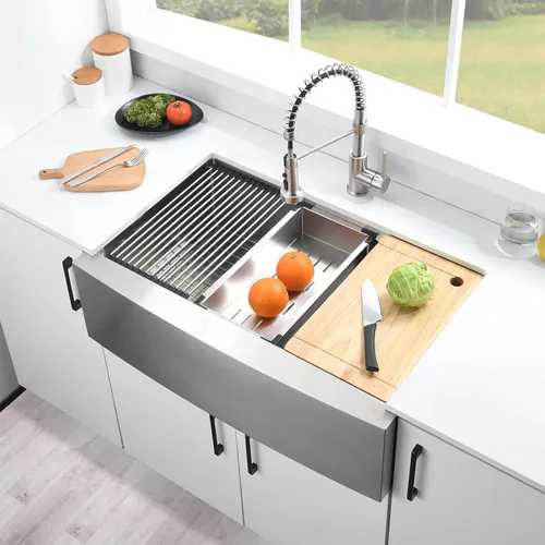 Miniatura 2 de Loftus - Fregadero de cocina de 33 pulgadas con delantal frontal, de acero inoxidable, calibre 16, repisa profunda para estación de trabajo