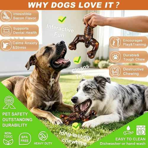 Miniatura 5 de MOXIKIA Juguetes masticables para perros para masticadores agresivos casi indestructibles, sabor a tocino, juguetes de hueso de perro resistentes