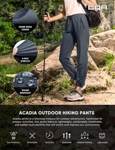 Miniatura 5 de CQR Pantalones de senderismo para mujer, pantalones cargo elásticos ligeros con bolsillos con cremallera, pantalones deportivos resistentes al agua