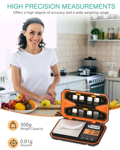 Miniatura 2 de ORIA Báscula digital de bolsillo, 17.64 oz/0.00 oz de alta precisión de gramos con peso de calibración de 1.76 oz, función de tara, 6 unidades, mini