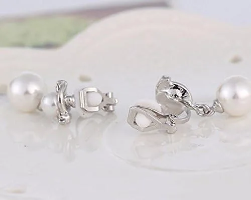 Miniatura 3 de Pendiente colgante con clip doble de perlas de imitación para no perforado, tono plateado para adolescentes, Plata