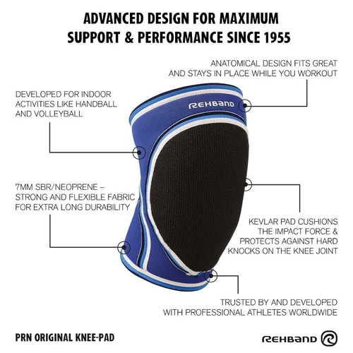 Miniatura 4 de Rehband Rodilleras originales, rodilleras de neopreno para voleibol y deportes de interior, rodilleras para mujeres y hombres, color: azul, 1 par