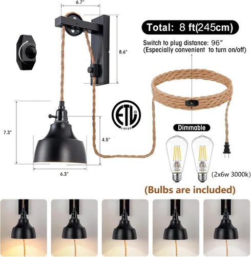 Miniatura 2 de Apliques de pared regulables enchufables de 8 pies, lámparas de pared con polea, lámpara colgante vintage, apliques de pared con enchufe e