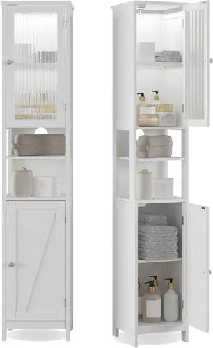 Miniatura 8 de ChooChoo Armario Alto de Almacenamiento para Baño con Luz, Gabinete de Baño Estrecho de 5 Niveles con 2 Puertas, Gabinete de Ropa Blanca Delgado