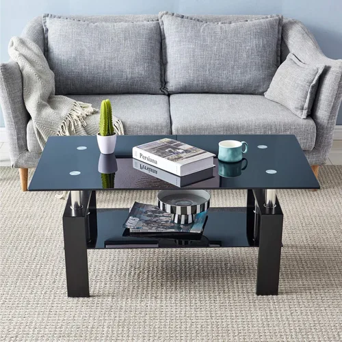 Miniatura 2 de Mesa de centro rectangular de cristal negro de 43.3 pulgadas, mesa de centro transparente, mesas centrales laterales modernas para sala de estar