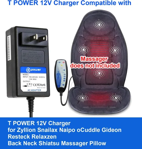 Miniatura 4 de T POWER Cargador de 12 V para Zyllion Snailax Naipo oCuddle Gideon Resteck Relaxzen TruMedic Back Neck Shiatsu masajeador almohada ZMA-25, ZMA-19