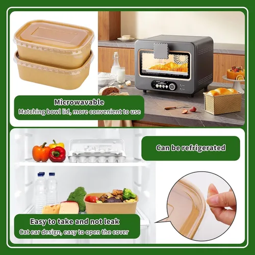 Miniatura 5 de Paquete de 25 cuencos de papel de 19 onzas, recipientes desechables con tapas, cuencos rectangulares desechables con tapas, cuencos de ensalada