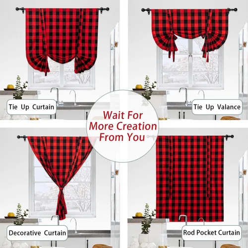Miniatura 85 de Cenefas de cortina para ventana de 16 pulgadas de largo, 2 paneles de cuadros búfalo, cortinas pequeñas con bolsillo para barra, estilo clásico