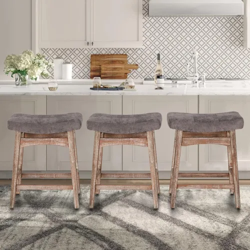 Miniatura 14 de ALPHA HOME Taburete de bar, taburete de cocina de silla de montar de madera maciza con cojín de tela de lino beige, taburete de bar de altura