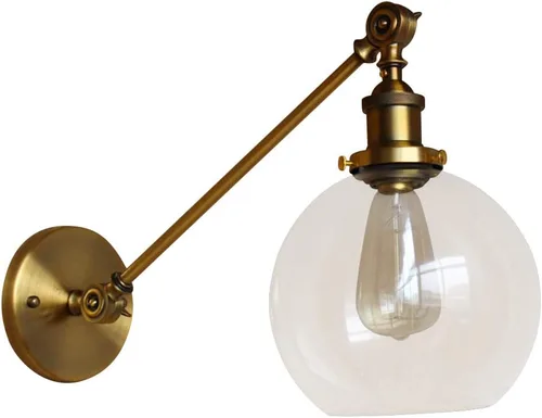 Miniatura 5 de Iluminación de pared industrial vintage de 1 luz con pantalla de vidrio transparente con brazo oscilante ajustable, lámpara de pared de cabecera