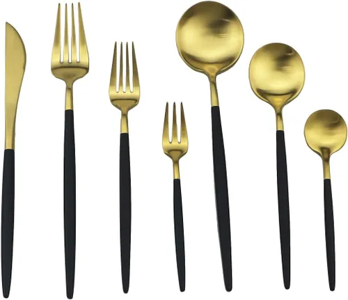 Miniatura 6 de Juego de cubiertos en oro negro de acero inoxidable 18/10, con mango negro mate, incluye tenedores, cucharas y cuchillos (10 piezas), platería