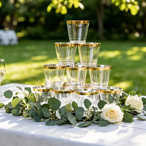 Miniatura 5 de WELLIFE 200 piezas de vasos de plástico dorados, vasos de plástico transparentes de 9 onzas, vasos de vino desechables, vasos de cóctel de plástico