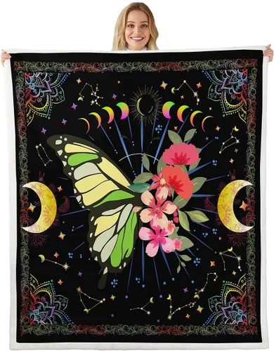 Manfei Manta con diseño de mariposas, estilo bohemio, con mandala, para decoración de habitación de niños, niñas, adolescentes, manta de forro polar