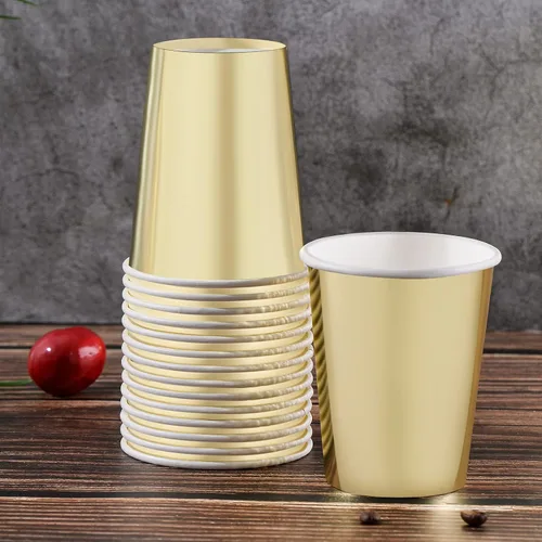 Miniatura 6 de Vasos de papel dorados de 9 onzas [paquete de 50] desechables para café, bebidas frías y calientes, té, agua, leche, jugo, bebidas, purpurina