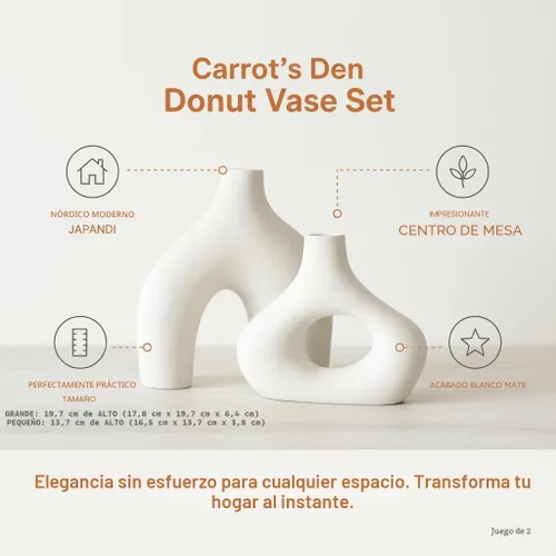 Miniatura 5 de Carrot's Den Jarrón Donut, juego de 2 – jarrón de cerámica grande blanco – minimalista nórdico, hueco Centro de mesa, planta de olivo, boda, sala