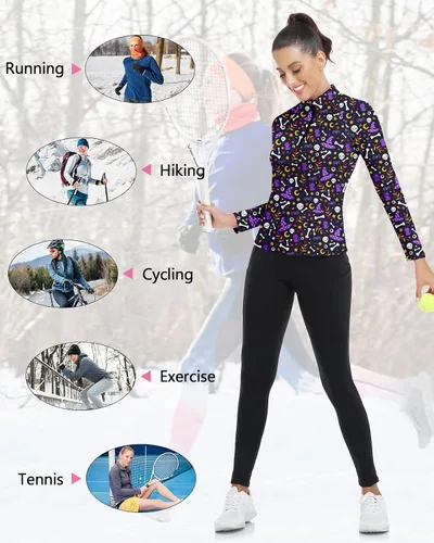 Miniatura 174 de WOWENY Camiseta deportiva de manga larga para mujer, con cremallera de un cuarto, cuello para entrenamiento, camiseta de tenis con estampado