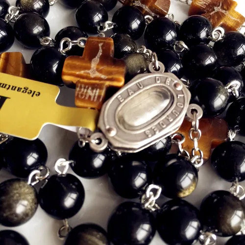 Miniatura 9 de elegantmedical Hecho a mano católico negro 0.394 in oro obsidiana cuentas Lourdes medalla de agua rosario cruz collar caja para hombre mujer regalo