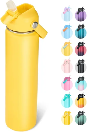 Miniatura 15 de Fijinhom Botella de agua aislada de acero inoxidable de 18 oz, de boca ancha, de doble pared, con vacío, con pajita de silicona, a prueba de sudor