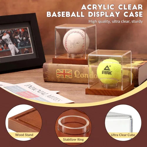 Miniatura 3 de JupDec Caja de exhibición de béisbol - Soporte de cubo transparente para pelotas de béisbol con base de madera, caja de soporte para autógrafos