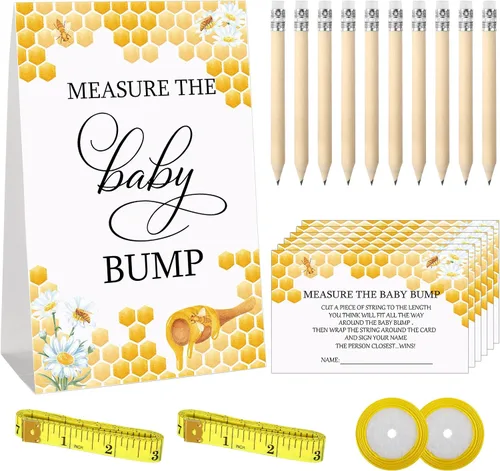 Miniatura 12 de Fumete Juego de 65 piezas para baby shower, incluye letrero bohemio de medir la protuberancia del bebé, 50 tarjetas de adivinanzas, 10 lápices, 2